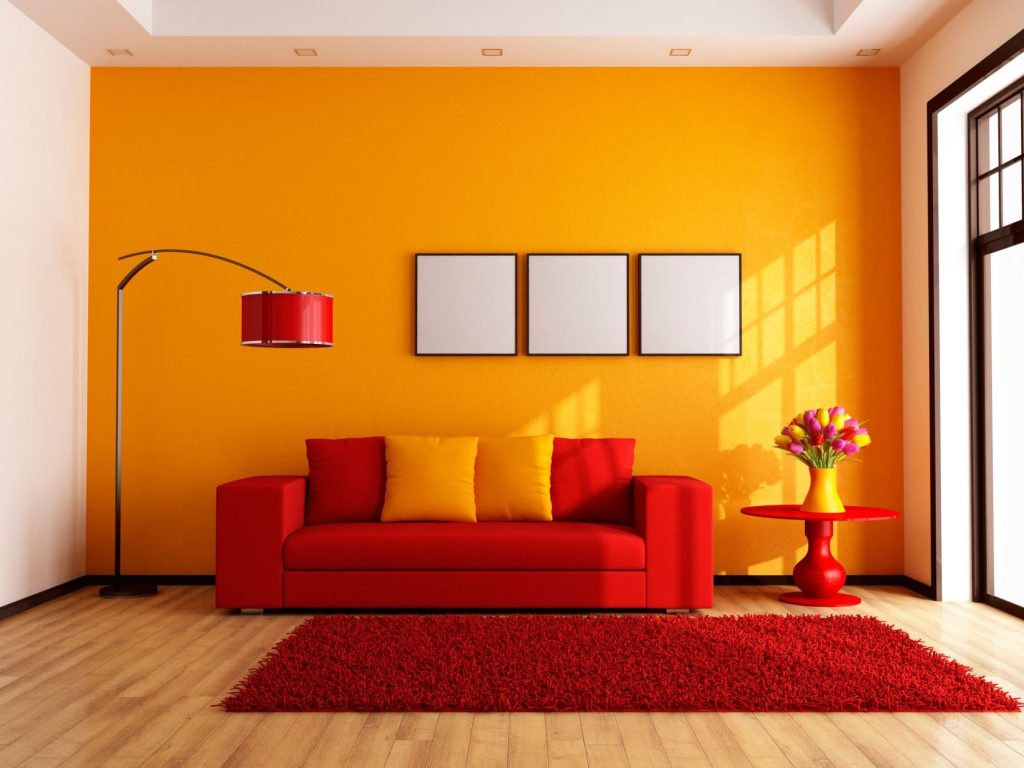 Vibrant orange living room showcasing a boho home style
